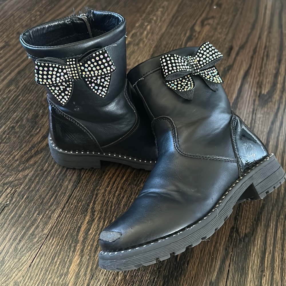 Girl’s Black Boots with Rhinestone Bow Detail